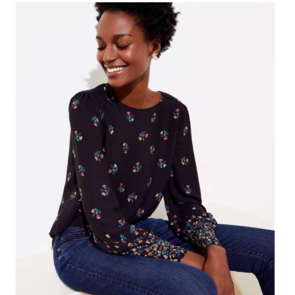 LOFT Women's M Black Floral Long Sleeve Blouse